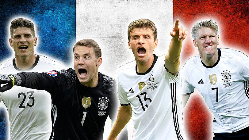 Peilen den EM-Titel in Frankreich an (v.l.): Die DFB-Nationalspieler Mario Gomez, Bastian Schweinsteiger, Manuel Neuer und Thomas Müller. Peilen den EM-Titel in Frankreich an (v.l.): Die DFB-Nationalspieler Mario Gomez, Bastian Schweinsteiger, Manuel Neuer und Thomas Müller.