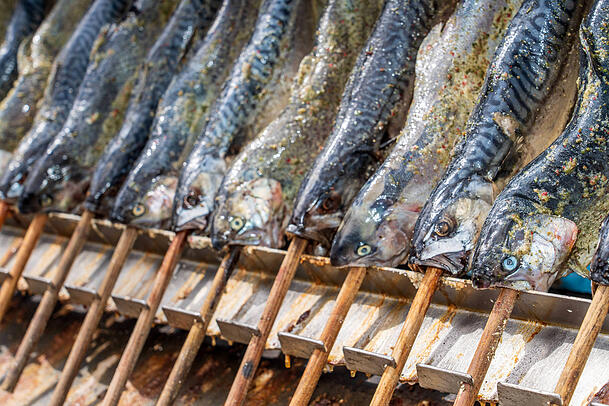 Steckerlfisch vom Stand der Fischer-Vroni auf der Maidult, auch dieses Jahr wird wieder für das leibliche Wohl gesorgt sein.