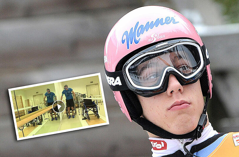 Sechs Monate nach dem Horror-Sturz macht der teilweise querschnittsgelähmte Skispringer Lukas Müller seine ersten Schritte.