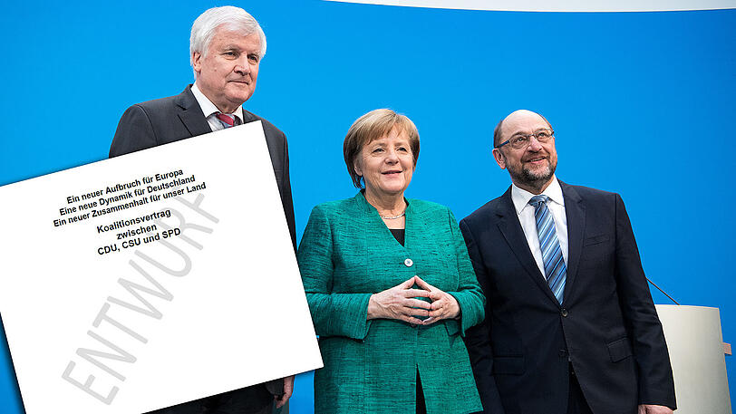 Wollen "eine neue Dynamik für Deutschland": die Parteichefs Horst Seehofer (CSU), Angela Merkel (CDU) und Martin Schulz (SPD) bei der Pressekonferenz in der CDU-Zentrale.