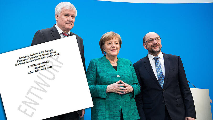 Wollen "eine neue Dynamik für Deutschland": die Parteichefs Horst Seehofer (CSU), Angela Merkel (CDU) und Martin Schulz (SPD) bei der Pressekonferenz in der CDU-Zentrale. Wollen "eine neue Dynamik für Deutschland": die Parteichefs Horst Seehofer (CSU), Angela Merkel (CDU) und Martin Schulz (SPD) bei der Pressekonferenz in der CDU-Zentrale.