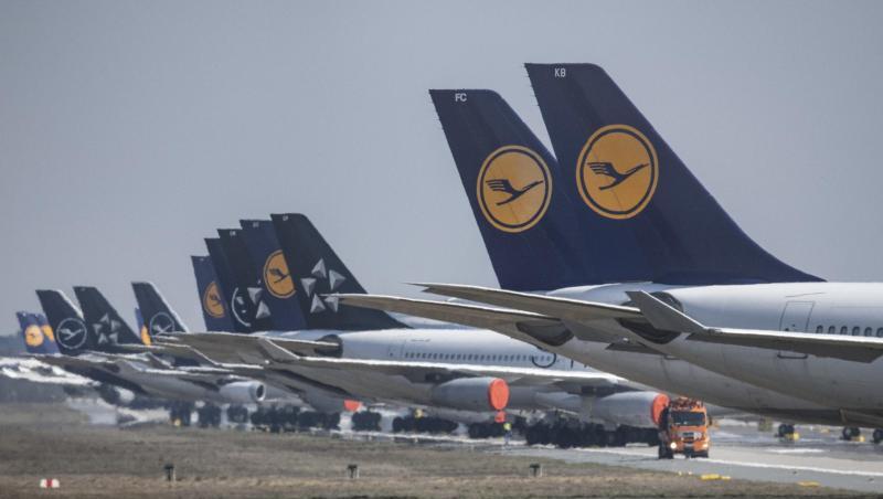 In langer Reihe parken Lufthansa-Maschinen am Frankfurter Flughafen. In langer Reihe parken Lufthansa-Maschinen am Frankfurter Flughafen.