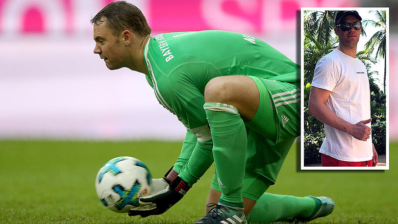 "Ich muss mir einfach die Zeit nehmen und so lange pausieren, bis alles 100 Prozent in Ordnung ist", sagt Welttorhüter Manuel Neuer vom FC Bayern, der mit einem Fußbruch seit Monanten ausfällt. Aber die Reha in der Sonne (kleines Bild) scheint zu wirken.