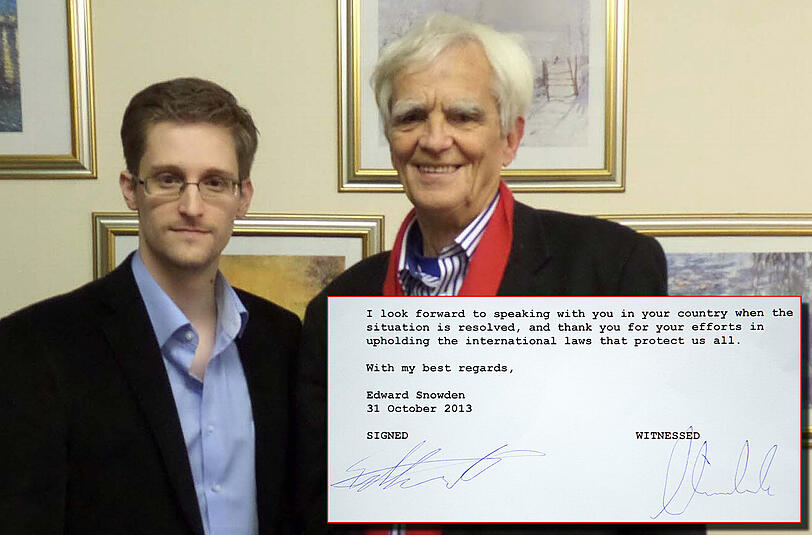 Edward Snowden und Hans-Christian Ströbele in Moskau. Rechts unten ein Ausschnitt von Snowdens Brief.