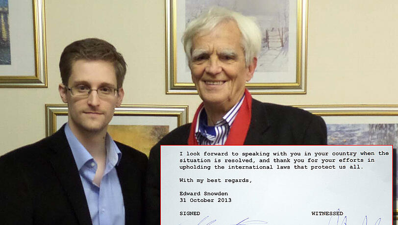 Edward Snowden und Hans-Christian Ströbele in Moskau. Rechts unten ein Ausschnitt von Snowdens Brief. Edward Snowden und Hans-Christian Ströbele in Moskau. Rechts unten ein Ausschnitt von Snowdens Brief.