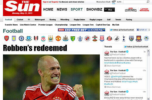 Noch rasch ein Blick ins Ausland: "The Sun" feiert Arjen Robbens Erlösung.