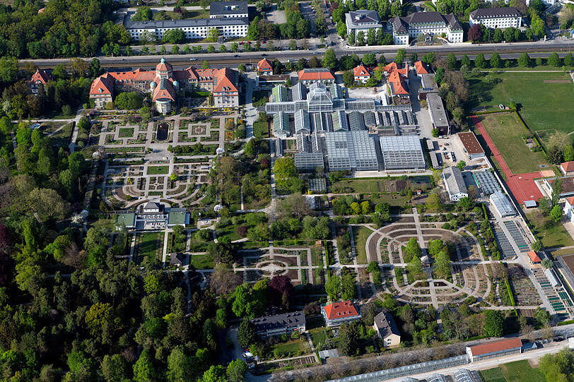 Der Botanische Garten offenbart, von oben gesehen, seine strenge Anordnung. Von wegen Wildwuchs!