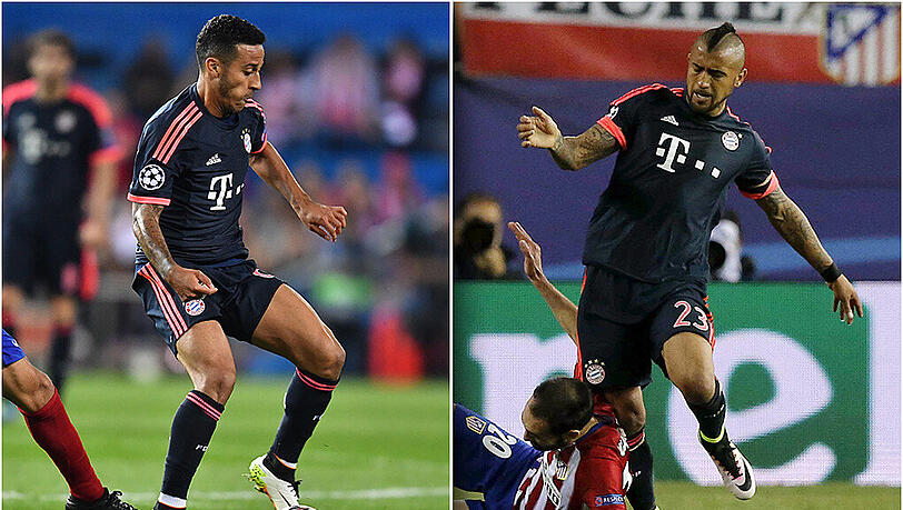 Offensivgestalter Thiago (l.) blieb gegen Atlético weitesgehend unauffällig, auch Mittelfeldmotor Vidal konnte nicht an seine heruasragenden Leistungen der letzten Spiele anknüpfen. Offensivgestalter Thiago (l.) blieb gegen Atlético weitesgehend unauffällig, auch Mittelfeldmotor Vidal konnte nicht an seine heruasragenden Leistungen der letzten Spiele anknüpfen.