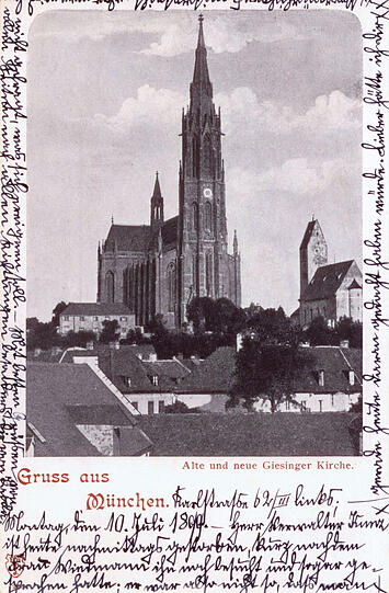1886: Alte und neue Kirche Heilig Kreuz in Giesing nebeneinader.