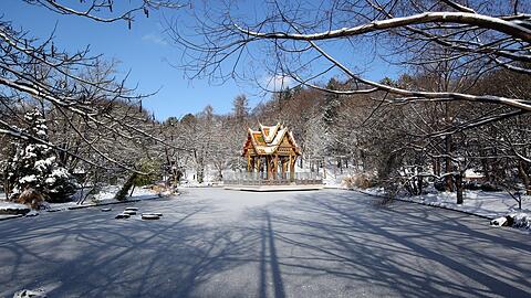 Unterwegs im Westpark. Ganz erstarrt: die thailändische Sala mit ihrer Buddha-Statue. Mehr Bilder vom Winterwunderland gibt es hier zum Durchklicken.