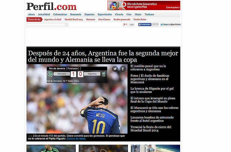 "Nach 24 Jahren ist Argentinien wider nur zweitbester, während Deutschland den Pokal hebt", schreibt Perfil.com aus Argentinien.