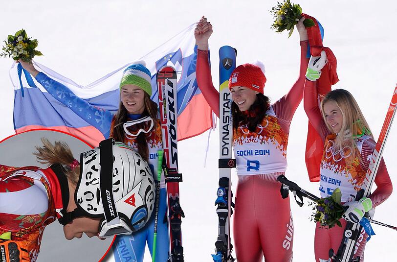 Tina Maze und Dominique Gisin jubelten gemeinsam ganz oben. Dritte wurde Lara Gut. Maria Höfl-Riesch blieb deutlich hinter den Erwartungen und ging leer aus.