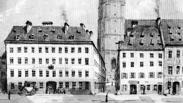 Links in dieser Zeichnung von Joseph Puschkin ist der mächtige Gasthof "Zum Schwarzen Adler" zu sehen. Die Kaufingerstraße 23 wurde später zum Hotel "Maulick", dann zum "Domhotel", heute ist hier der Hirmer. Links in dieser Zeichnung von Joseph Puschkin ist der mächtige Gasthof "Zum Schwarzen Adler" zu sehen. Die Kaufingerstraße 23 wurde später zum Hotel "Maulick", dann zum "Domhotel", heute ist hier der Hirmer.