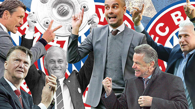 Trainerkoryphäen beim FC Bayern, deren Serien ohne Niederlage für Kovac (l.) in Reichweite liegen: Jupp Heynckes, Ottmar Hitzfeld, Pep Guardiola, Udo Lattek und Louis van Gaal (v. r.).