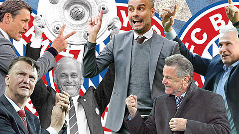 Trainerkoryphäen beim FC Bayern, deren Serien ohne Niederlage für Kovac (l.) in Reichweite liegen: Jupp Heynckes, Ottmar Hitzfeld, Pep Guardiola, Udo Lattek und Louis van Gaal (v. r.).