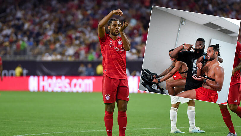 Serge Gnabry traf in Houston sein Jubelvorbild James Harden (kleines Bild). Beide haben den Kochlöffel zu ihrem Markenzeichen gemacht.