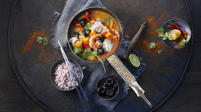 Garnelen-Fisch-Curry mit Trockenpflaumen