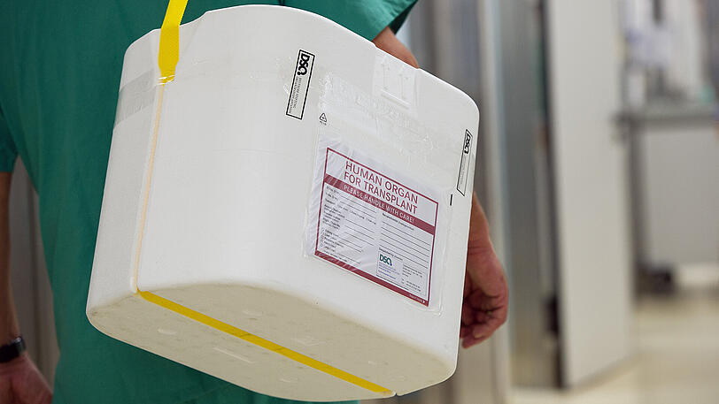 Ein Behälter zum Transport von Organen wird am Eingang eines OP-Saales vorbeigetragen.