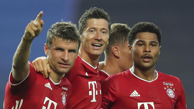 Stehen im Finale der Champions League: Thomas Müller (l.), Robert Lewandowski (m.) und Serge Gnabry. Stehen im Finale der Champions League: Thomas Müller (l.), Robert Lewandowski (m.) und Serge Gnabry.