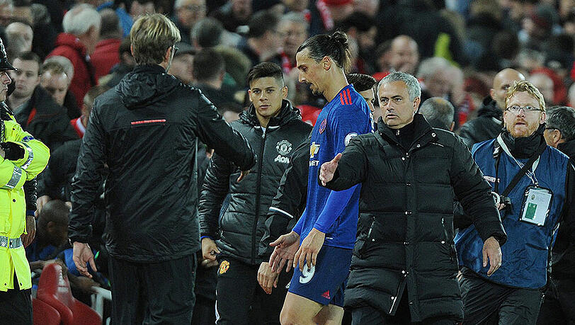 Treffen der Giganten: Klopp gegen Mourinho - und Ibrahimovic war auch noch dabei. Treffen der Giganten: Klopp gegen Mourinho - und Ibrahimovic war auch noch dabei.