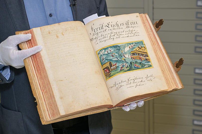 Eine der vielen farbigen Darstellungen aus dem Schwazer Bergbuch von 1556. Weltweit gibt es nur vier Exemplare, zwei davon in München.