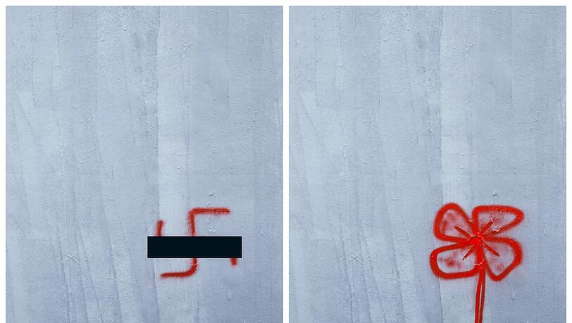 Bei der Aktion #paintback werden Hakenkreuze zu kleinen Kunstwerken Bei der Aktion #paintback werden Hakenkreuze zu kleinen Kunstwerken