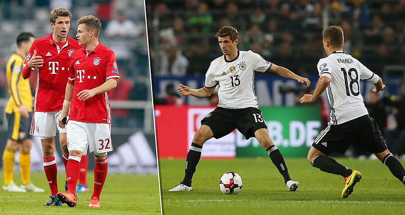 Bei Bayern in den wichtigen Spielen zuletzt nicht in der ersten Elf: Müller und Kimmich. In der Nationalelf ist das Bayern-Duo unumstritten und gesetzt.

Thomas Müller (l.) und Joshua Kimmich. 	Foto: firo/Augenklick