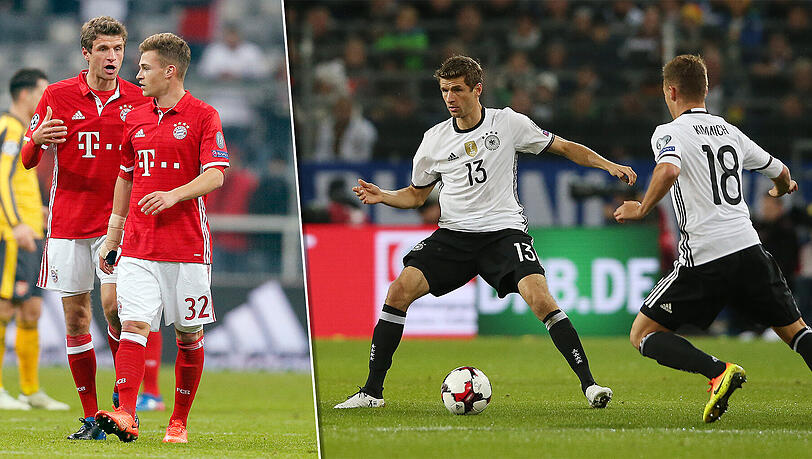 Bei Bayern in den wichtigen Spielen zuletzt nicht in der ersten Elf: Müller und Kimmich. In der Nationalelf ist das Bayern-Duo unumstritten und gesetzt.
Thomas Müller (l.) und Joshua Kimmich. Foto: firo/Augenklick Bei Bayern in den wichtigen Spielen zuletzt nicht in der ersten Elf: Müller und Kimmich. In der Nationalelf ist das Bayern-Duo unumstritten und gesetzt.
Thomas Müller (l.) und Joshua Kimmich. Foto: firo/Augenklick