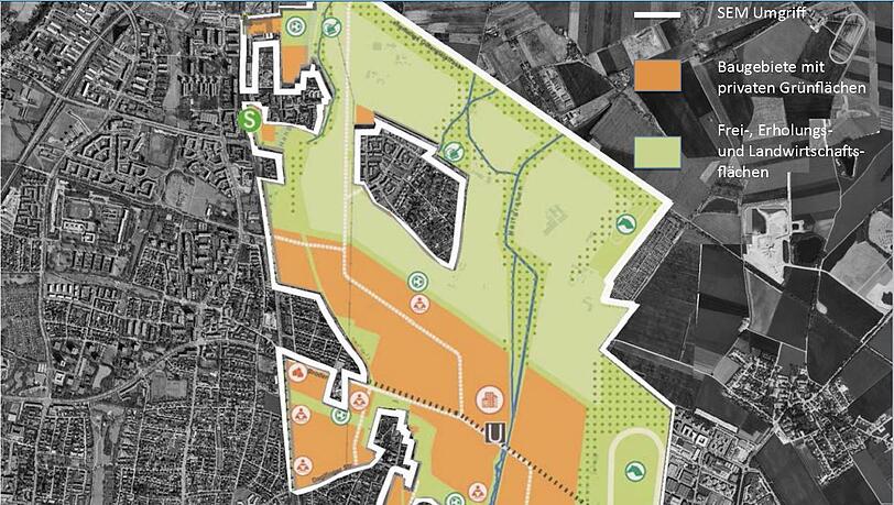 Der Umgriff der SEM Nordost zwischen Daglfing und Riem. Orange bedeutet Bebauung, Grün Frei-, Erholungs- und landwirtschaftliche Flächen. Der Umgriff der SEM Nordost zwischen Daglfing und Riem. Orange bedeutet Bebauung, Grün Frei-, Erholungs- und landwirtschaftliche Flächen.