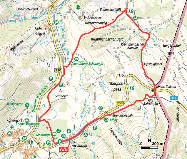 Die Route nördlich vom Oberjoch.