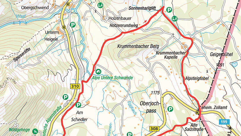 Die Route nördlich vom Oberjoch. Die Route nördlich vom Oberjoch.