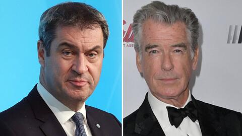 Markus Söder (l.) beschreibt sich als großen Kino- und Filmfan. Jetzt traf er im Kreis Landsberg auf Pierce Brosnan.