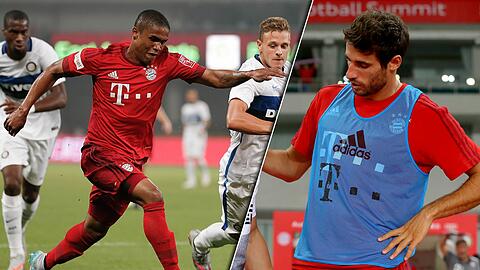 Kaum zu stoppen im Eins-gegen-Eins: Bayerns Neuzugang Douglas Costa (l.) im Test gegen Inter Mailand. Bei Javi Martinez hingegen zwickt erneut das Knie.