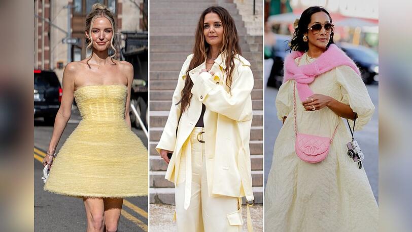 Modebloggerin Leonie Hanne, Schauspielerin Katie Holmes und Stylistin Zeena Shah lieben die Farbe Butter Yellow.