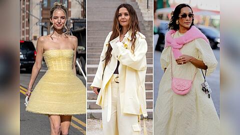 Modebloggerin Leonie Hanne, Schauspielerin Katie Holmes und Stylistin Zeena Shah lieben die Farbe Butter Yellow.