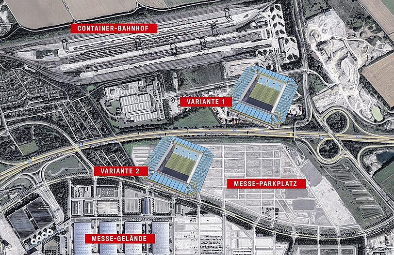 Zwei Varianten schwebte den Löwen-Bossen fürs eigene Stadion an der Messe in Riem vor. Das Containerlager neben der Kiesgrube gehört der Stadt, der Parkplatz der Messe.