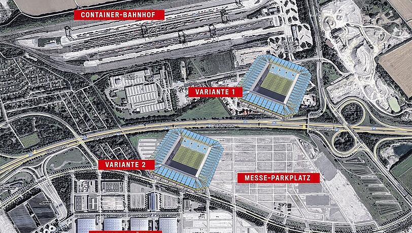 Zwei Varianten schwebte den Löwen-Bossen fürs eigene Stadion an der Messe in Riem vor. Das Containerlager neben der Kiesgrube gehört der Stadt, der Parkplatz der Messe. Zwei Varianten schwebte den Löwen-Bossen fürs eigene Stadion an der Messe in Riem vor. Das Containerlager neben der Kiesgrube gehört der Stadt, der Parkplatz der Messe.