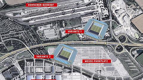 Zwei Varianten schwebte den Löwen-Bossen fürs eigene Stadion an der Messe in Riem vor. Das Containerlager neben der Kiesgrube gehört der Stadt, der Parkplatz der Messe.