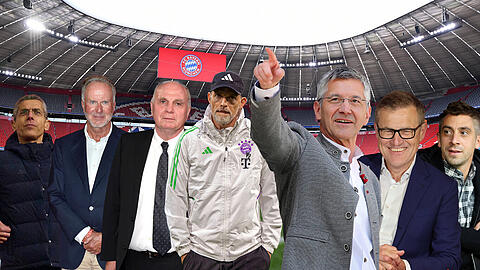 Die glorreichen Sieben des FC Bayern: Michael Diederich, Karl-Heinz Rummenigge, Uli Hoeneß, Thomas Tuchel, Herbert Hainer, Jan-Christian Dreesen und Marco Neppe.