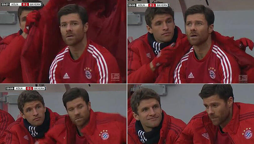 So sieht Teamkollegen-Liebe aus: Thomas Müller (links) schnappt sich die warme Jacke und legt sie dem soeben ausgewechselten Xabi Alonso über die Schulter. So sieht Teamkollegen-Liebe aus: Thomas Müller (links) schnappt sich die warme Jacke und legt sie dem soeben ausgewechselten Xabi Alonso über die Schulter.