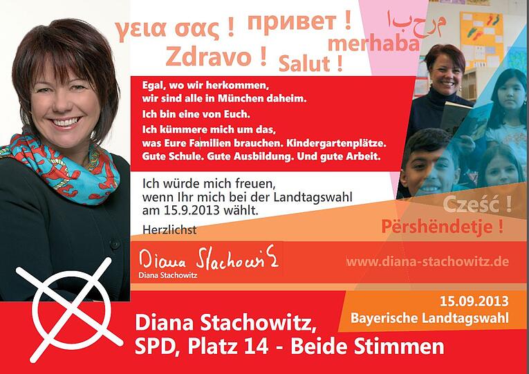 Die SPD-Landtagsabgeodnete Diana Stachowitz wirbt mit dieser Karte um die Stimmen von Münchner Wahlberechtigten  mit Migrationshintergrund.