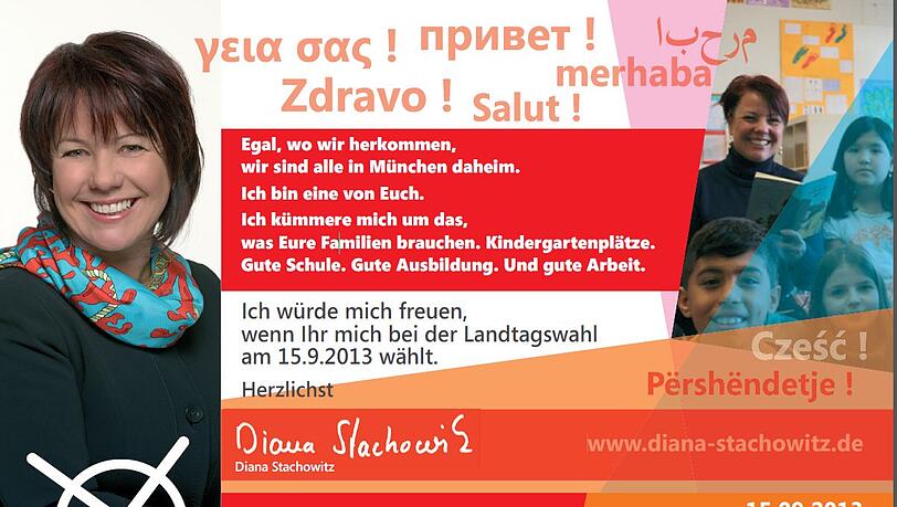 Die SPD-Landtagsabgeodnete Diana Stachowitz wirbt mit dieser Karte um die Stimmen von Münchner Wahlberechtigten mit Migrationshintergrund. Die SPD-Landtagsabgeodnete Diana Stachowitz wirbt mit dieser Karte um die Stimmen von Münchner Wahlberechtigten mit Migrationshintergrund.