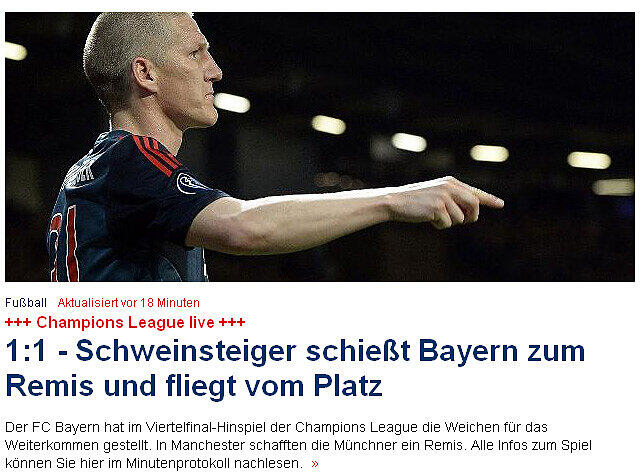 Focus Online: Schweinsteiger schießt Bayern zum Remis und fliegt vom Platz