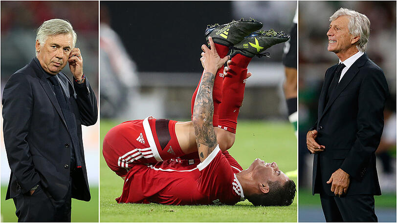 Es soll schon Gesprächen zwischen Bayern-Trainer Carlo Ancelotti (l.) und Kolumbiens Nationalmannschafts-Coach José Pekermann (r.) gegeben haben: Dabei ging es um einen Medizincheck des verletzten James Rodríguez (m.) in Südamerika.