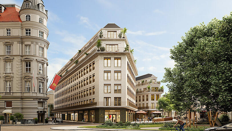 Der Platz in der fr&uuml;hen Planungsphase: Das neue Falckenberg-Ensemble und rechts der Spielplatz.