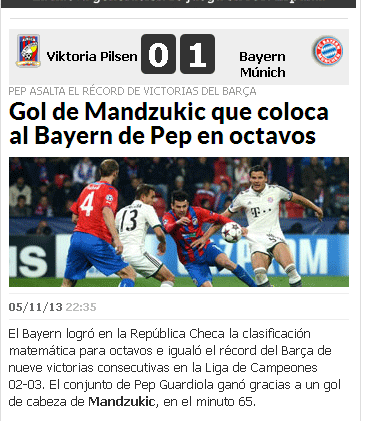 Das spanische Portal Marca.com titelt: "Mandzukic? Tor bringt Peps Bayern ins Achtelfinale"