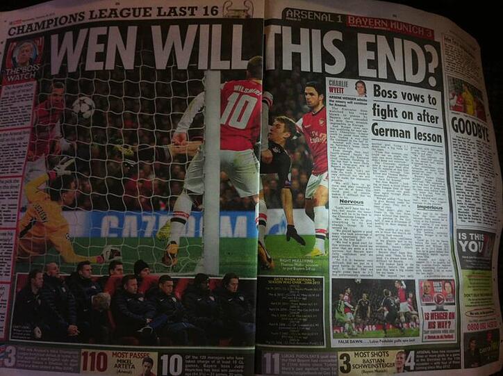 The Sun titelt: &ldquo;Wen (Anspielung auf den Arsene Wenger) will this end?&rdquo; Und schreibt weiter: "Bay Bye Arsenal! Wenger muss zugeben, dass die Krise weiter geht. Er sah, wie sein Team vom FC Bayern in Einzelteile zerlegt wurde. Europa wird für ihn zur Mission impossible."