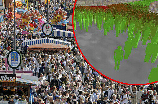 Menschmassen sorgen auf der Wiesn stets für großes Gedränge. Kleines Bild: Die simulierten Besucher verlassen eine Veranstaltung. Wo sie gelb oder gar rot gefärbt sind, besteht die Gefahr eines Engpasses.