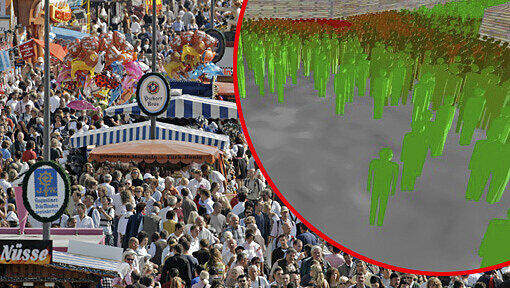 Menschmassen sorgen auf der Wiesn stets für großes Gedränge. Kleines Bild: Die simulierten Besucher verlassen eine Veranstaltung. Wo sie gelb oder gar rot gefärbt sind, besteht die Gefahr eines Engpasses. Menschmassen sorgen auf der Wiesn stets für großes Gedränge. Kleines Bild: Die simulierten Besucher verlassen eine Veranstaltung. Wo sie gelb oder gar rot gefärbt sind, besteht die Gefahr eines Engpasses.