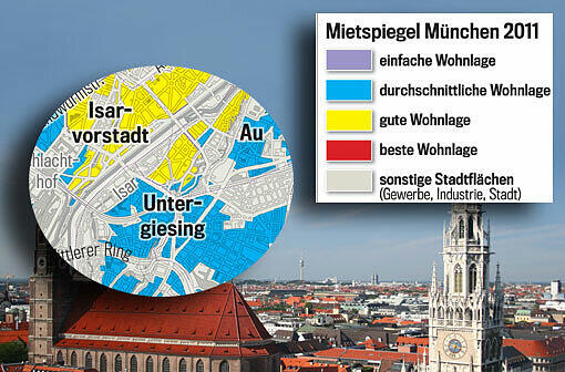 Die Lage macht&rsquo;s: Je nach farblicher Markierung fällt auch die Grundmiete unterschiedlich hoch aus. Der Mietspiegel gilt ab 20. März 2013. Wohnen Sie in bester Lage? Einfach weiterklicken!